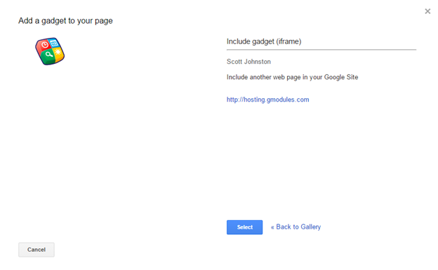 Screenshot of the Select gadget window in Google Sites