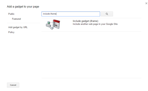 Screenshot of the search gadget window in Google Sites