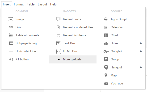 Screenshot of the More gadgets link in the Insert menu in Google Sites