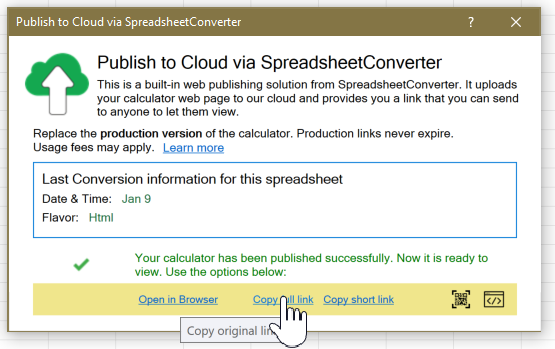 Screenshot of the Copy full link button in the Publish to Cloud window